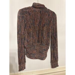 Joie Brocade High-Neck Smocked-Waist Girly Blouse Brown Paisley Medium